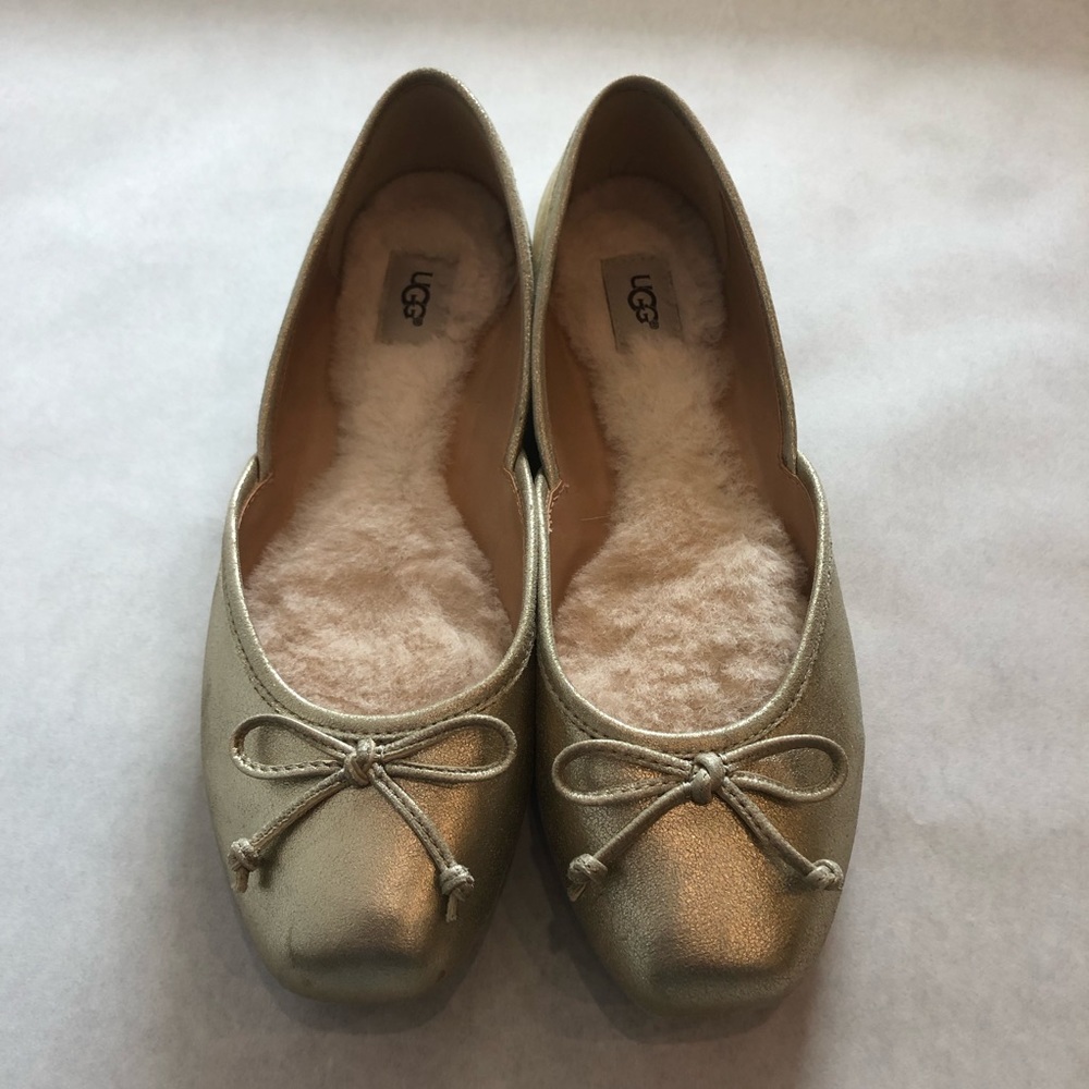 UGG Lena ballet bow fur flats Champagne Gold 8